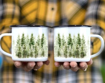 Watercolor Forest Campfire Mug: Personalized Enamel Camping Mug