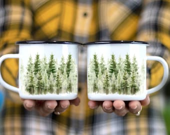 Winter Pine Campfire Mug | Enamel Metal Camping Mug | Tin Camp Mug with Trees | Watercolor Forest