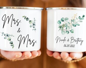 Mrs and Mrs Mug, Eucalyptus Lesbian Wedding Gift, Personalized Campfire Mug