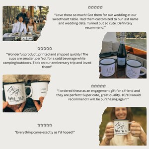 May include: Close-up of four personalized enamel camping mugs with mountain and tree designs. The mugs are white with black lettering and graphics. One mug has the text "Our Adventure Begins" and a date. Another mug has the text "Logan Hailey".
