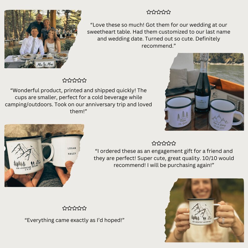 May include: Close-up of four personalized enamel camping mugs with mountain and tree designs. The mugs are white with black lettering and graphics. One mug has the text "Our Adventure Begins" and a date. Another mug has the text "Logan Hailey".