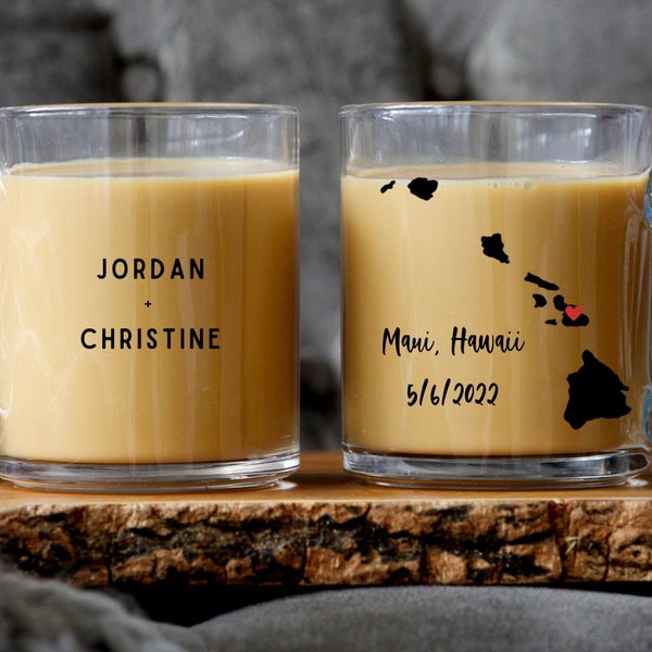 Personalized Hawaii Wedding or Engagement Clear Glass Mug, Tropical Newlywed Gift