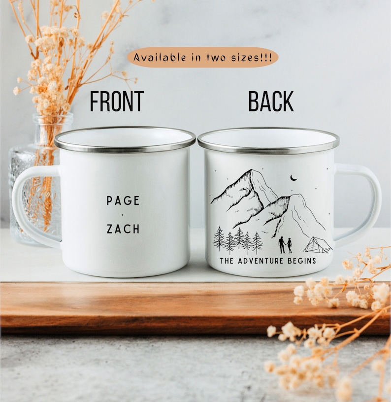 May include: White enamel camping mug with a black mountain scene and the text "THE ADVENTURE BEGINS". The other side of the mug has the text "PAGE . ZACH".
