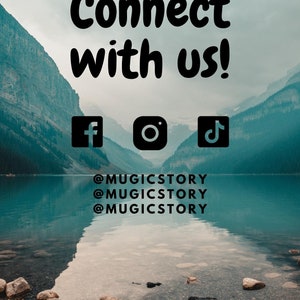 May include: Connect with us!  Social media icons for Facebook, Instagram, and TikTok.  The text @MUGICSTORY is repeated three times.