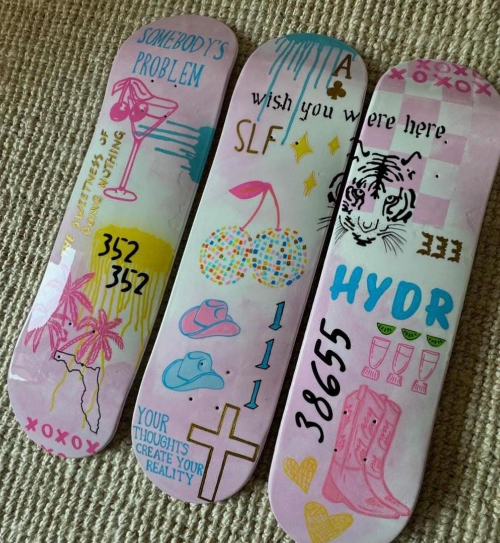 Skateboard Deck Wall Art// Trendy room decor, college dorm room wall art, old money, clean girl, unique wall painting art, sorority