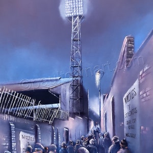 May include: A painting of a crowd of people walking down a street towards a stadium. The stadium is lit by a bright spotlight. A sign on the side of the building reads "WOLVES v JUVENTUS UEFA CUP Q.FINAL Molineux".