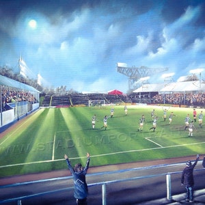 May include: A painting of a football stadium at night with a crowd of people in the stands. The field is lit up by floodlights and there are players on the field. The painting is done in a realistic style and captures the excitement of a football match.