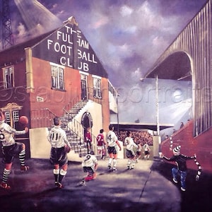 May include: A painting depicting a vintage football scene. The image shows a group of players in white and maroon jerseys walking towards a stadium entrance. The building is labeled "The Fulham Football Club".