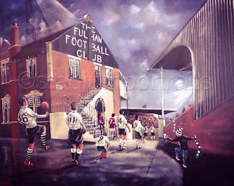 May include: A painting depicting a vintage football scene. The image shows a group of players in white and maroon jerseys walking towards a stadium entrance. The building is labeled "The Fulham Football Club".