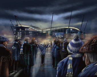 May include: An artistic rendering of a stadium at dusk, with fans in blue and white attire approaching. The artwork captures the atmosphere of a sporting event, with a focus on the architecture and the crowd.