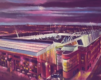 May include: A painting of a large stadium at night. The stadium is lit up with lights, and the sky is a deep purple color. The stadium is surrounded by a city skyline.