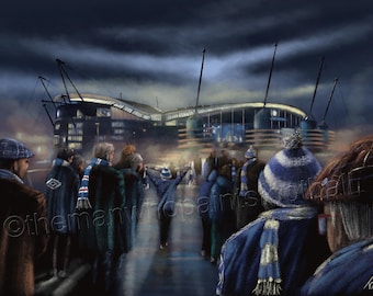 May include: A painting of a crowd of people wearing blue and white scarves and hats, standing in front of a large stadium. The stadium is lit up at night and there is a foggy atmosphere.