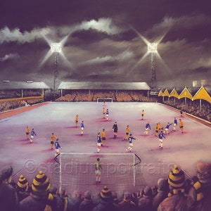 May include: A painting depicting a football match under floodlights at night. The players are on the pitch, with the crowd in the background. The stadium is illuminated, and the sky is dark and overcast.