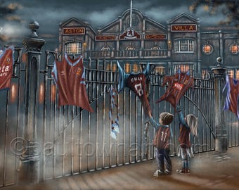 May include: Two children stand in front of a gate with a building behind them. The gate is covered in a mist and there are several football jerseys hanging on the gate. The jerseys are in the colors of Aston Villa and a blue and white jersey with the text "Mita Colors". The children are wearing Aston Villa jerseys. The building has the text "Aston Villa" on the front.