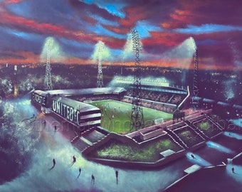 May include: A painting of a football stadium at night with floodlights illuminating the field. The stadium is surrounded by trees and the sky is a vibrant red and blue. The words "Newcastle United FC" are visible on the side of the stadium.