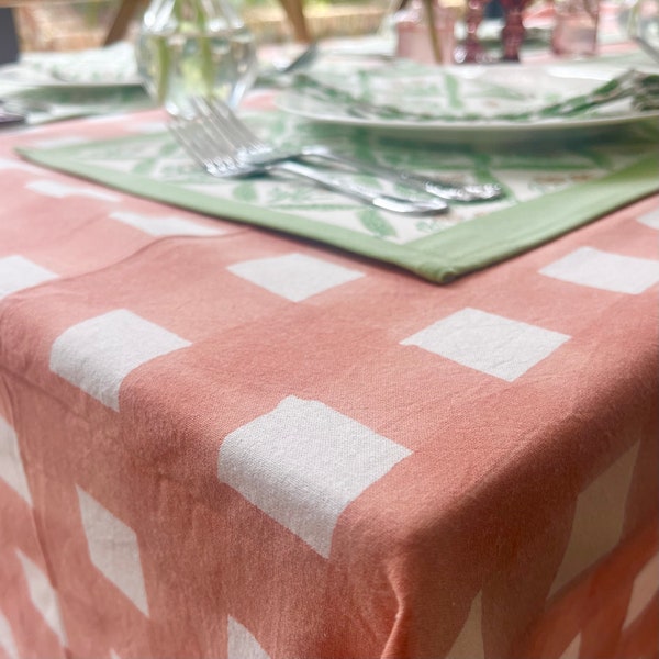 Perzik roze Gingham blok bedrukt tafelkleed | Klassieke print, 100% katoen, ambachtelijk handgemaakt, rustiek, boho, 6,8,10 zits, grote tafelhoes