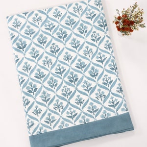 Block Print Tablecloth - The Walled Garden Blue | Rectangle Dining Table Cover, Indian Printed Cloth, 6 8 10 Seater, Cotton, Trellis, Floral