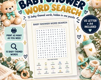 Baby Shower Word Search Game, Printable Puzzle with Answer Key, US & UK Versions, Instant Download Baby Shower Party Game