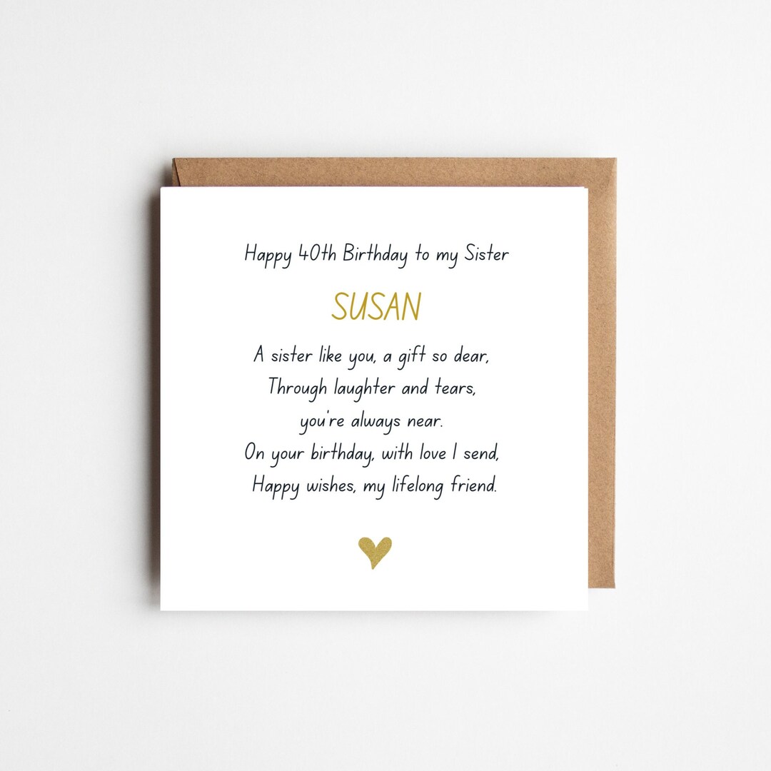 SISTER 40TH Birthday Card 40th Sister Gift Forty Birthday Card Sister ...