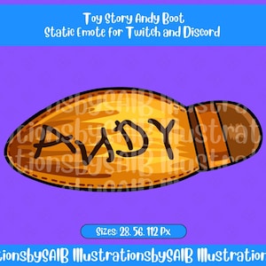 Puede incluir: Ilustración digital de la bota de Andy de Toy Story, diseñada como un emote estático para Twitch y Discord. La bota es de color marrón claro con el nombre "ANDY" en letras negras. La imagen está sobre un fondo morado.
