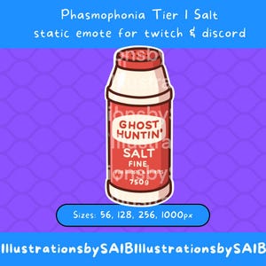 May include: A cartoon illustration of a red salt shaker with the text "GHOST HUNTIN' SALT" and "FINE" on the label. The label also includes "FOR GHOSTS & SPIRITS" and "750g". The image is for a static emote for Twitch and Discord.