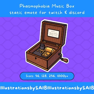 Könnte beinhalten: Cartoon-Illustration einer hölzernen Spieluhr mit Kurbel, offenem Deckel und inneren Komponenten. Der Text "Phasmophobia Music Box" und "static emote for twitch & discord" sind über der Box zu sehen. Darunter steht "Sizes: 56, 128, 256, 1000px".