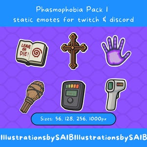Może przedstawiać: Na fioletowym tle zestaw emotikonów w stylu kreskówkowym dla Twitch i Discord. Emotikony obejmują książkę z napisem "LEAVE OR DIE!", krzyż, świecącą dłoń, pęczek szałwii, czytnik EMF i termometr. Tekst na górze brzmi "Phasmophobia Pack I".