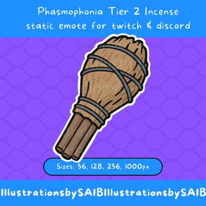 Könnte beinhalten: Cartoon-Illustration eines Räucherstäbchenbündels mit einem braunen, bürstenartigen Kopf, der mit grauen Bändern gebunden ist, und einem braunen Griff. Das Bild enthält den Text "Phasmophonia Tier 2 Incense" und "static emote for twitch & discord."