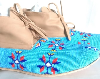 Handmade Beaded Leather Moccasins: Buckskin Boots, Czech Seed Beads