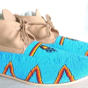 Fully Beaded Moccasins: Indian Handcrafted Blue Paw Beaded Leather Moccasins custom made boot moccasins shoes Unisex