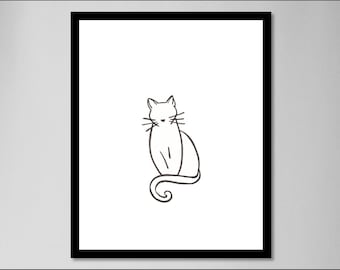 Lijntekening katten | Minimalistische muurkunst | Digitale afdruk | Zwart-witte kunst zittend kat