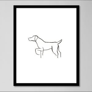 May include: Line art drawing of a dog in a minimalist style. The dog is depicted in a standing position with its head turned to the side.