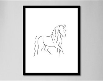 Dibujo de caballo frisón con crin larga y cola / Arte mural minimalista de caballos / Impresión digital / Arte ecuestre