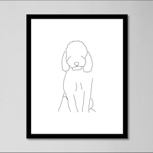 以下が含まれることがあります： 頭を下げて座っているプードルの線画。白黒の線画で、白い背景に描かれています。
