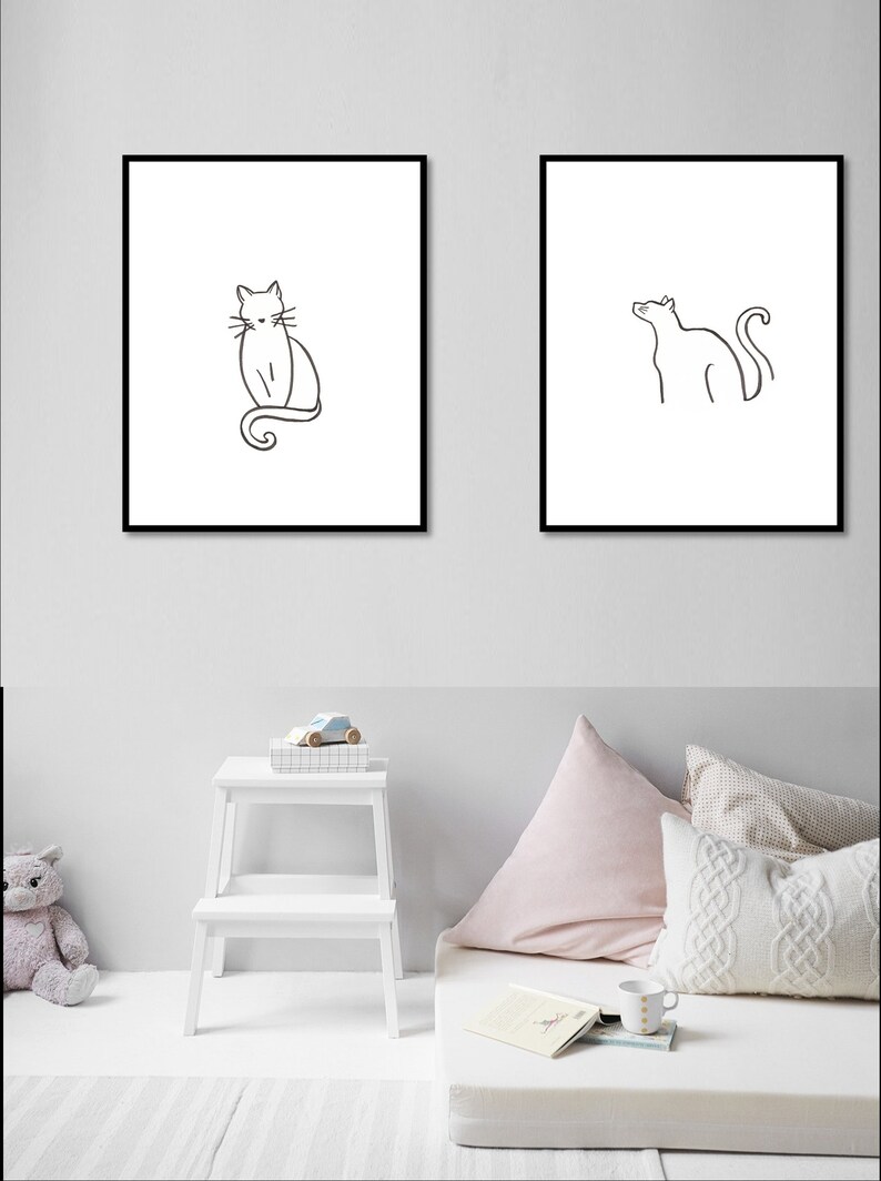 Cat Line Drawing | Minimalist Wall Art | Digital Print | Sitting Cat ...
