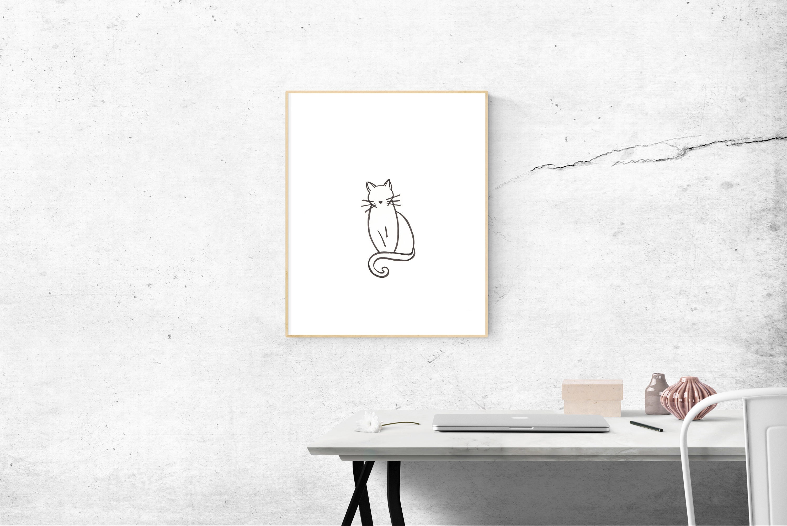 Cat Line Drawing | Minimalist Wall Art | Digital Print | Sitting Cat ...