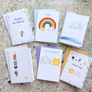 Lot de 6 cartes mignonnes : joyeux anniversaire, bonjour, je suis désolé, glaces, merci, félicitations.