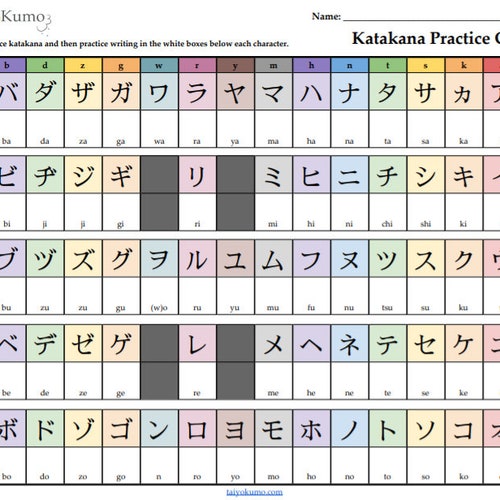 Beginner Katakana Practice Chart Romaji Reading Writing - Etsy