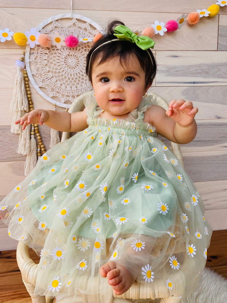 Two Groovy Birthday Party Daisies Flowers Dress Green Tulle Etsy