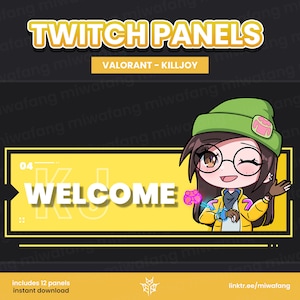 Könnte beinhalten: Ein gelbes und schwarzes Twitch-Panel mit dem Text "WELCOME" und einer Cartoon-Illustration von Killjoy aus Valorant. Das Panel ist mit "04" gekennzeichnet und enthält den Text "TWITCH PANELS" und "VALORANT - KILLJOY".