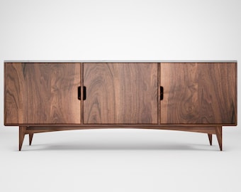 Mid Century moderne Walnuss Anrichte mit Marmorplatte, Massivholz Sideboard mit Türen, Vintage inspirierter Schrank für Wohn- oder Esszimmer