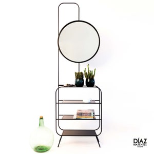 Metal console table with shelves and mirror