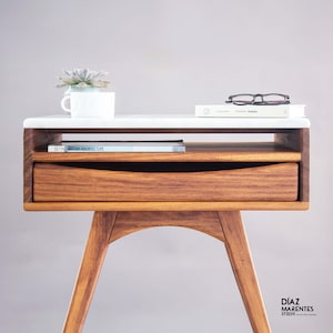Handmade Wood and Marble Nightstand - Luxury Bedside Table in Tek Mid Century Modern Nigth Table Custom Minimalist Furniture