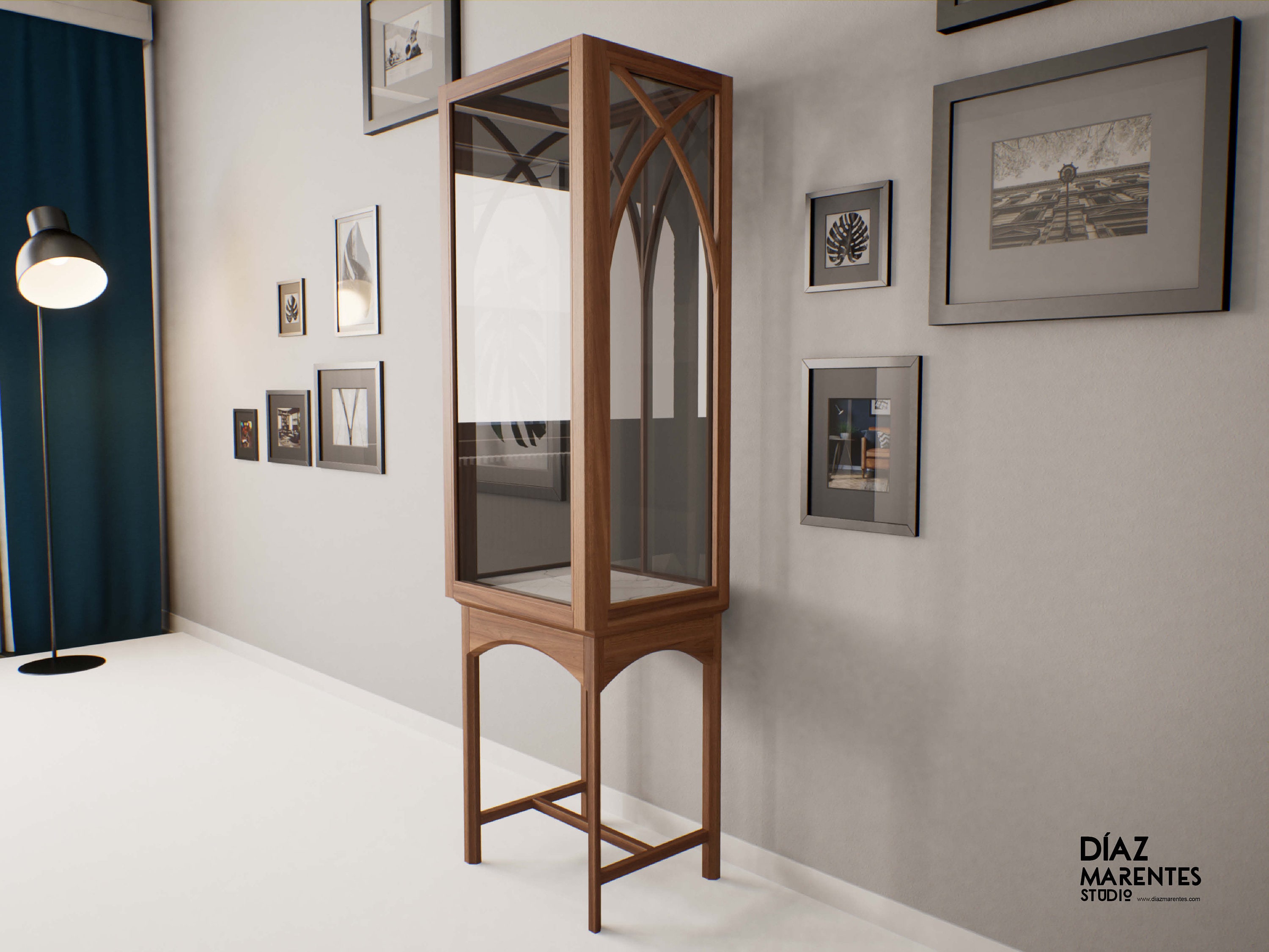 Glass cabinet for works of Art Glass doors carrara marble & American Walnut Your unic glass display case