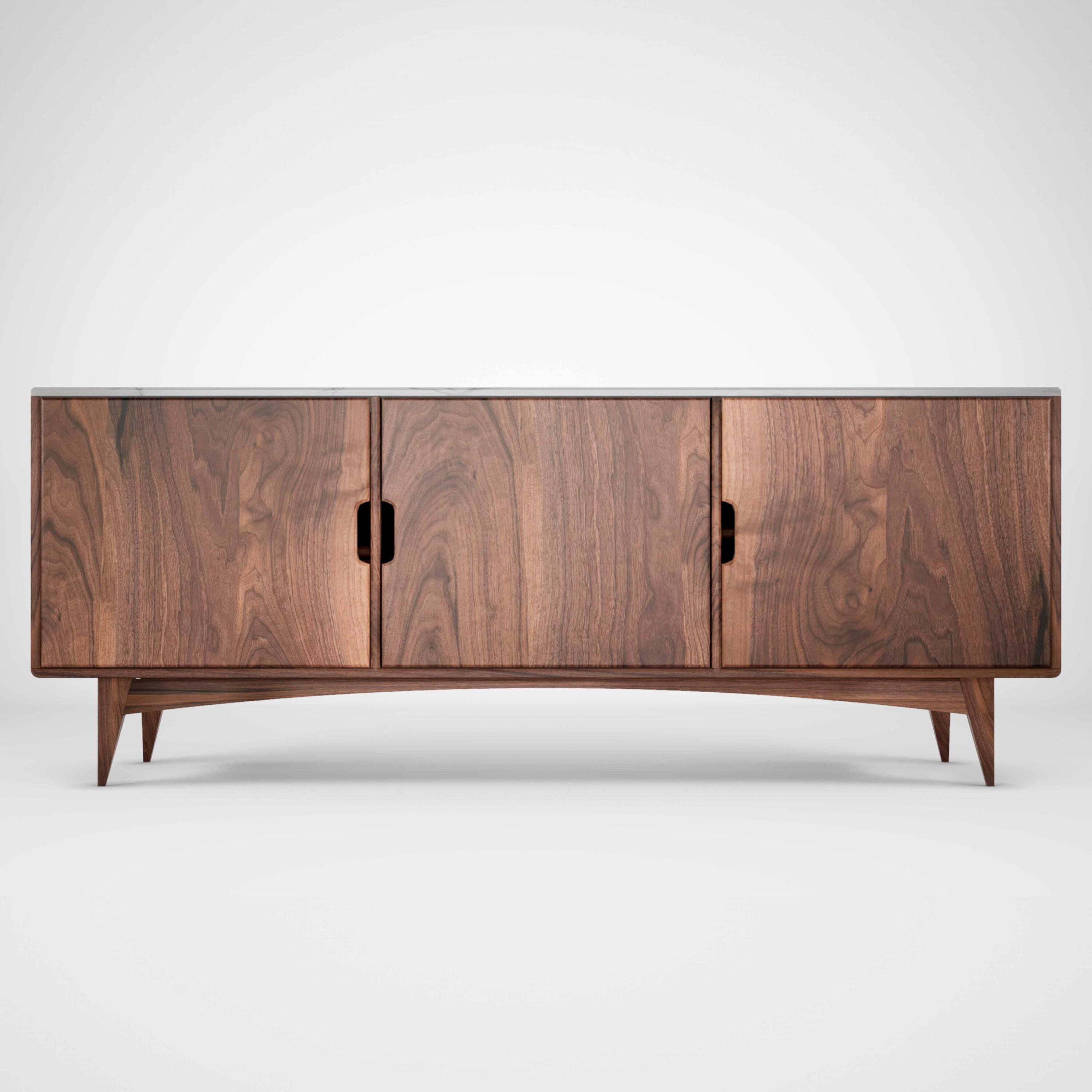 Walnut sideboard credenza with marble top and wooden doors