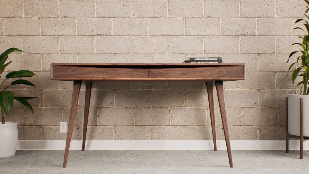 Mid Century Modern Walnut Office Desk With Two Solid Walnut - Etsy