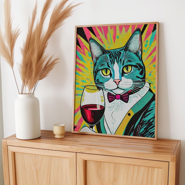 Pop Art Cat Portrait Modern Prints Colorful Funny Cat Wine Poster Abstract Wall Decor Cat Lover Wall Hanging Pet Lovers Poster Home Art