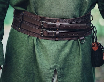 Cinturón de cuero doble marrón vikingo medieval LARP cinturón ancho