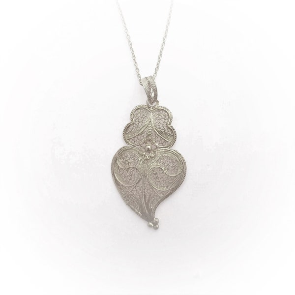 Silver Pendant Portuguese Filigree Viana's Heart 925 Sterling Silver Women M (40mm)