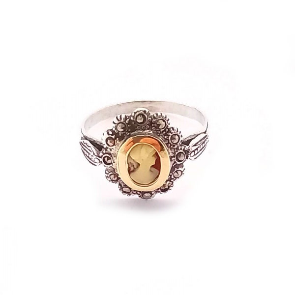 Bague En Or et Argent Femme avec Camée en Nacre